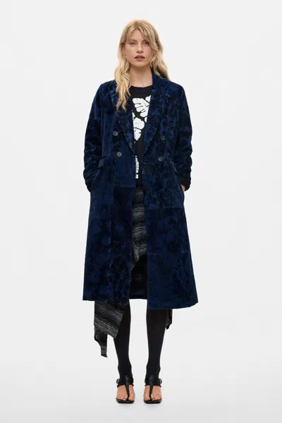 Desigual Long Printed Coat In Blue