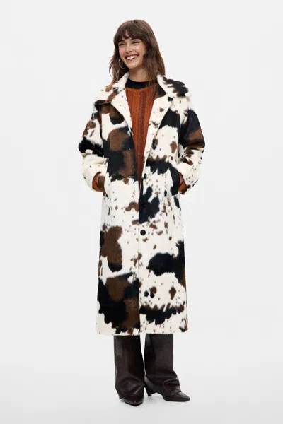 Desigual Long Printed Fur Coat In White