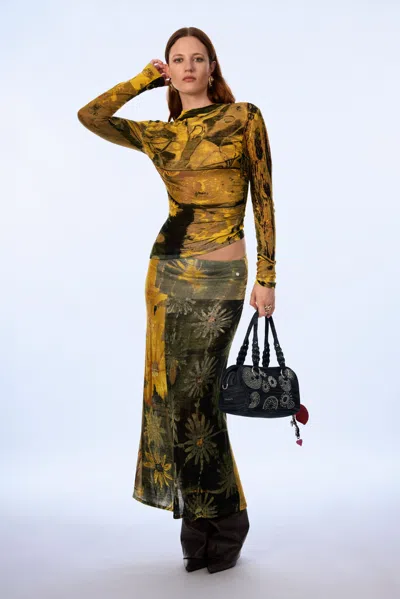 Desigual Long Printed Skirt In Yellow