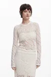 Desigual Open Stitch Long Sleeve Top In White