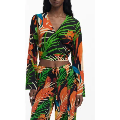 Desigual Long Sleeve Crop Wrap Top In Black