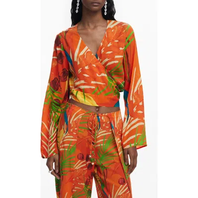 Desigual Long Sleeve Crop Wrap Top In Orange