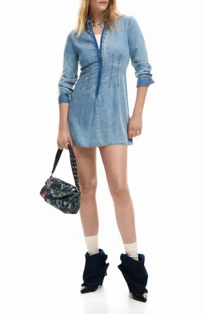 Desigual Long Sleeve Denim Shirtdress In Blue