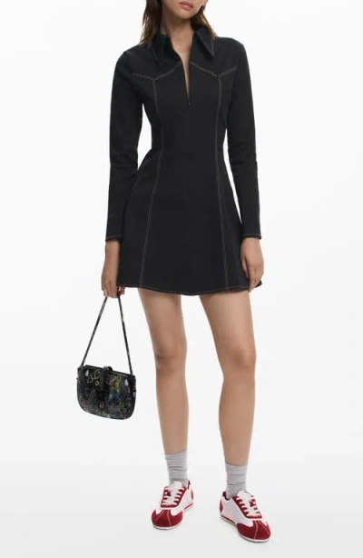 Desigual Long Sleeve Fit & Flare Minidress In Black