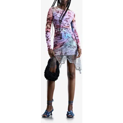 Desigual Long Sleeve Lace Hem Mesh Minidress In Multi