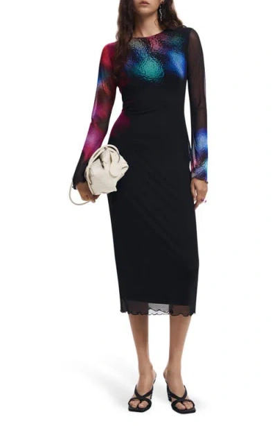 Desigual Long Sleeve Mesh Dress In Black