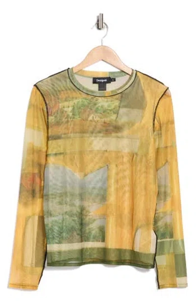 Desigual Long Sleeve Mesh T-shirt In Yellow