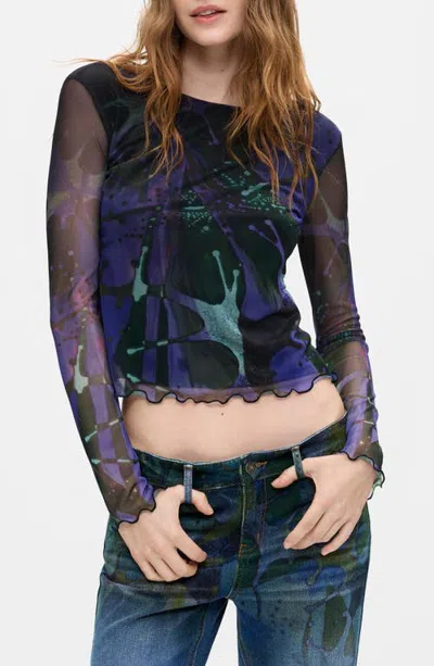 Desigual Long Sleeve Mesh T-shirt In Blue