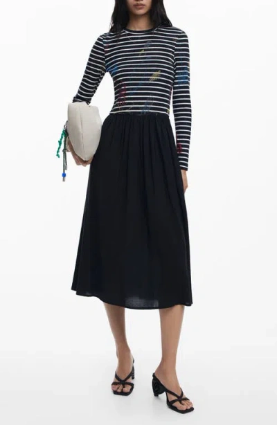 DESIGUAL DESIGUAL LONG SLEEVE MIXED MEDIA MIDI DRESS