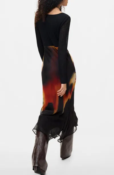 Desigual Long Sleeve Mixed Media Midi Dress In Black