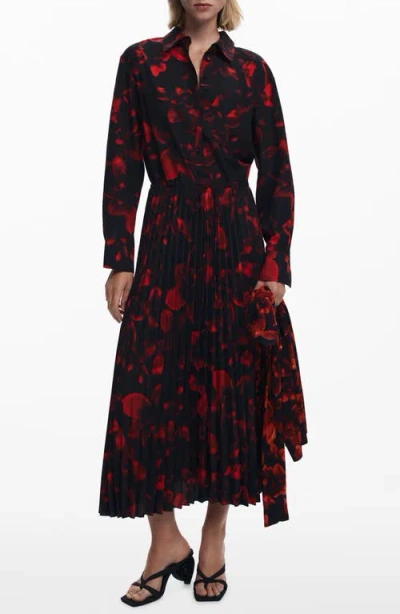 Desigual Long Sleeve Pleat Midi Dress In Red