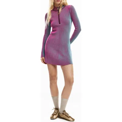 Desigual Long Sleeve Rib Half Zip Minidress In Purple