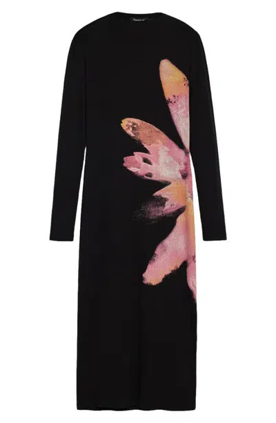 Desigual Long Sleeve Rib Midi Dress In Black