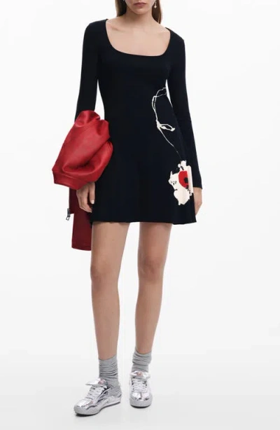 Desigual Long Sleeve Rib Minidress In Black