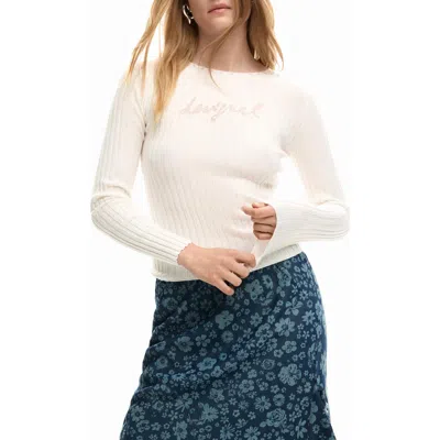 Desigual Long Sleeve Rib T-shirt In White