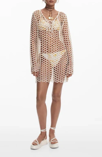 Desigual Long Sleeve Sheer Cover-up Dress In White