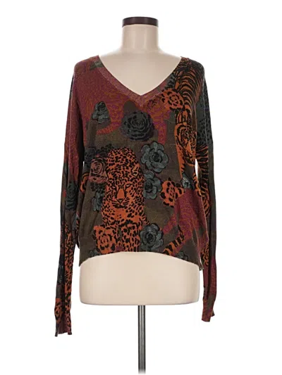 Pre-owned Desigual Long Sleeve Top Brown Plunge Neckline Tops