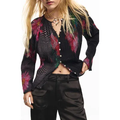 Desigual Long Sleeve Wavy Stripe Top In Black
