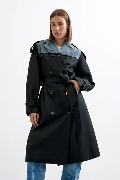 Desigual Long Trench Coat In Black