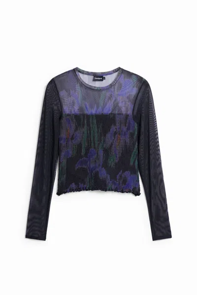 Desigual Long-sleeve Tulle Shirt With Ruching In Multi