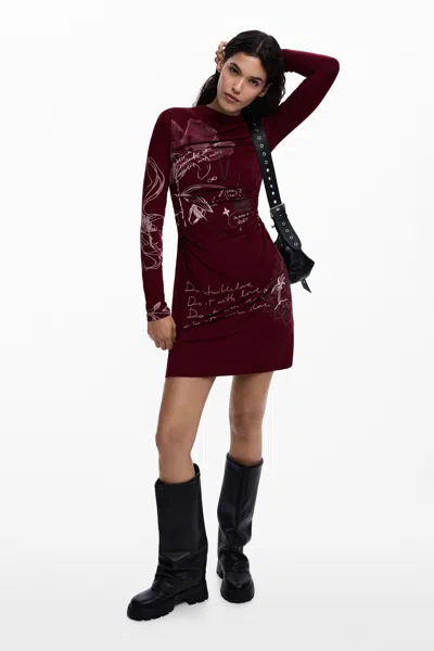 Desigual Allover Print Long Sleeve Minidress In Burgundy