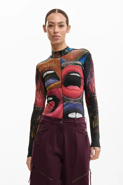 Desigual Long-sleeved T-shirt With High Neck In Multi