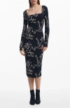 Desigual Love Print Long Sleeve Body-con Midi Dress In Black
