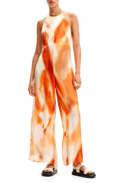Desigual Abstract Halter Jumpsuit In Orange