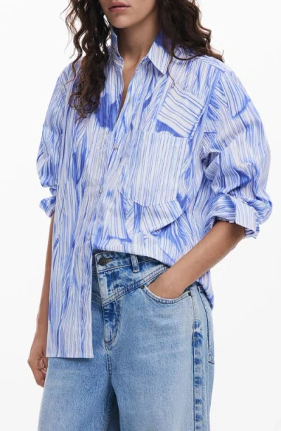 Desigual Marble Print Long Sleeve Woven Shirt In White
