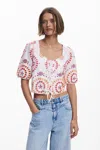 Desigual Embroidered Cotton Crop Top In Material Finishes