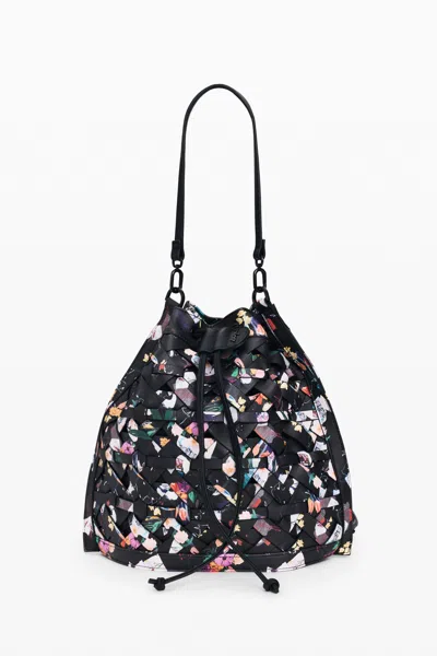 Desigual Medium Braided Backpack With Flowers In Black