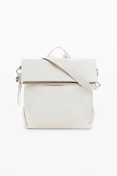 Desigual Medium Chrome Flap Backpack In White