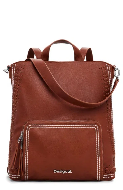 Desigual Medium Decorative Stitch Faux Leather Backpack In Brown
