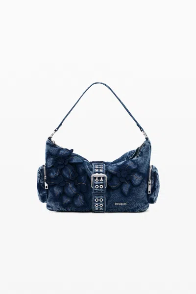 Desigual Medium Denim Floral Bag In Blue