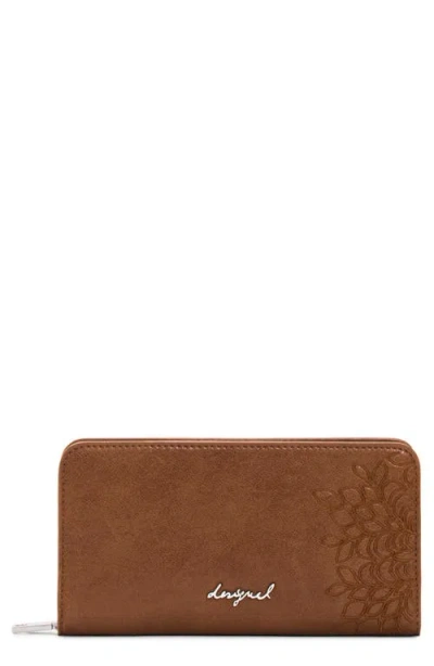 Desigual Medium Embroidered Long Faux Leather Wallet In Brown
