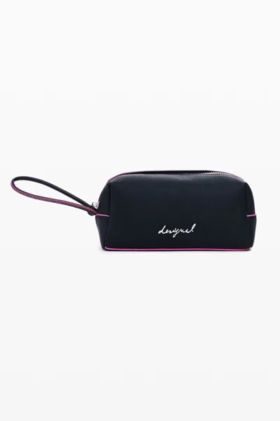 Desigual Medium Faux Leather Effect Toiletry Bag With Stitching In Gray