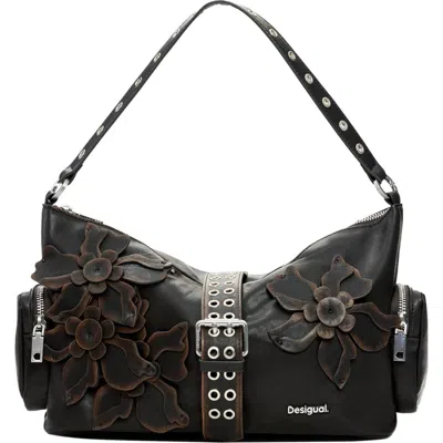 Desigual Medium Floral Appliqué Faux Leather Shoulder Bag In Brown