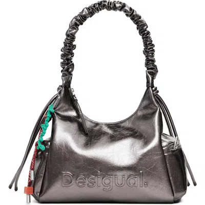 Desigual Medium Metallic Faux Leather 3d Logo Shoulder Bag In Silver