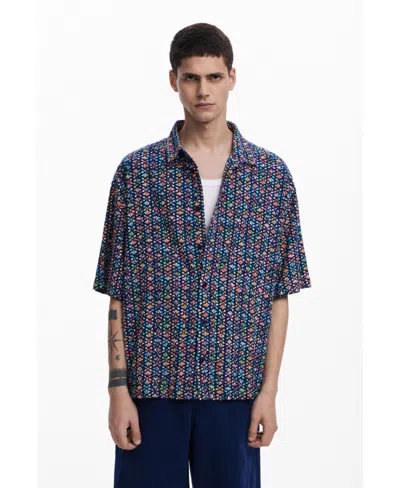Desigual Men's Short-sleeve Shirt With Ethnic Embroidery In Blue