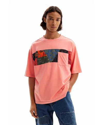 Desigual Men's T-shirt With Cutouts And Pocket. In Pink