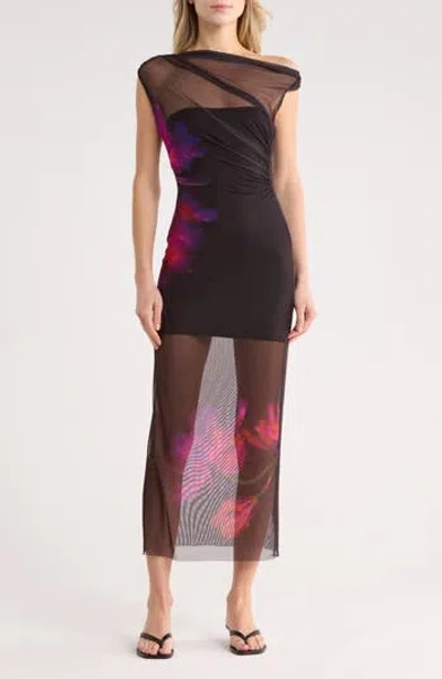 Desigual Mesh One-shoulder Maxi Dress In Black