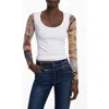 Desigual Mesh Sleeve Scoop Neck Rib Top In White