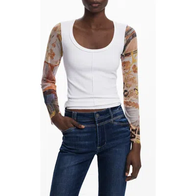 DESIGUAL DESIGUAL MESH SLEEVE SCOOP NECK RIB TOP