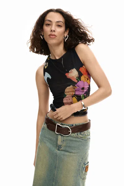 Desigual Mesh T-shirt With Flowers In Black