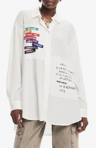 Desigual Message Relaxed Button-up Shirt In White