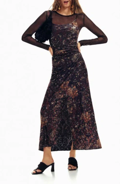 Desigual Metallic Mixed Print Long Sleeve Dress In Black