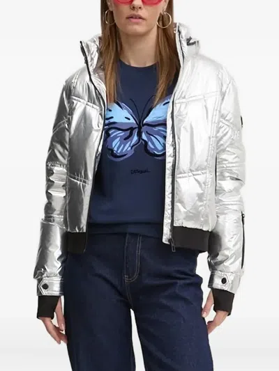 Desigual Metallic Quilted Puffer Jacket In White