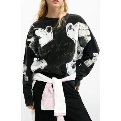 Desigual Mickey & Minnie Mouse Patch Distressed French Terry Sweatshirt In Black