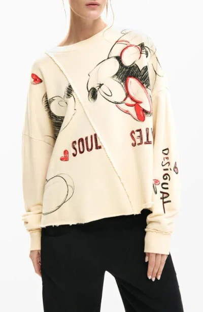Desigual Mickey & Minnie Mouse Raw Seam Fleece Graphic Sweatshirt In White
