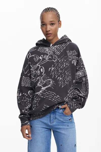Desigual Mickey Mouse Print Cotton Hoodie In Black